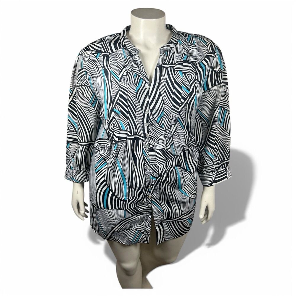 Plus Size Womens Button Up Blouse 28 Black Longline Abstract Career Casual Cato